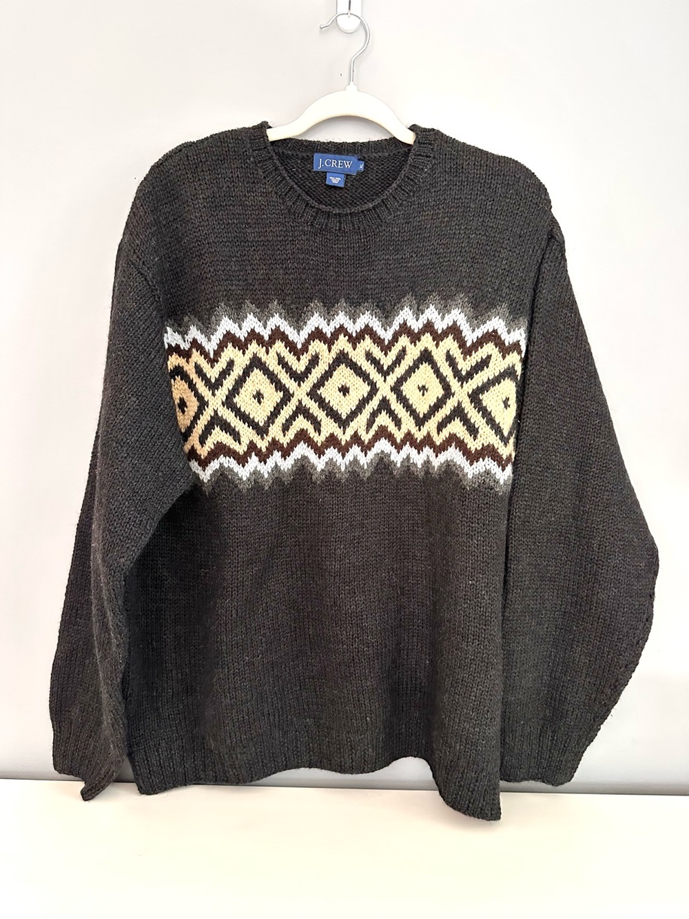 J. Crew - Vintage, Sweater, 100% Wool, Charcoal Grey, Fair Isle, Nordic, Size XL